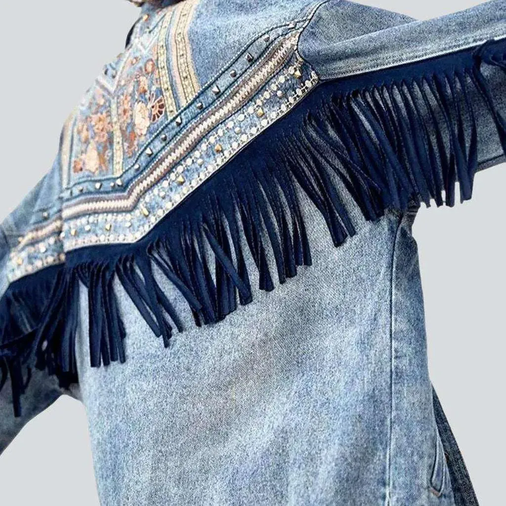 Embroidered fringe denim jacket for ladies