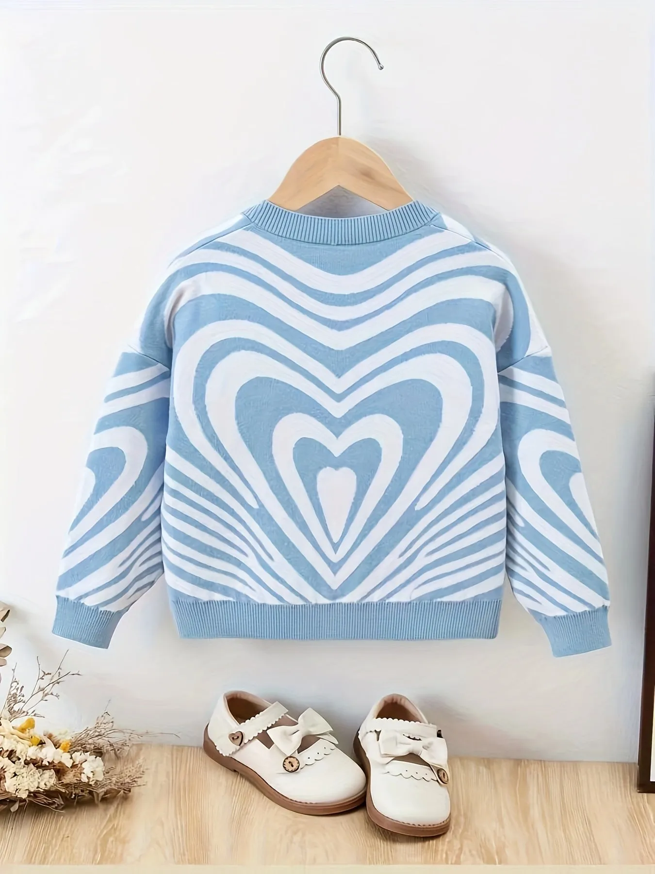 Fancy Heart Jacquard Knit Cardigan For Girls, Long Sleeve Button V Neck Sweater Coat Spring/ Fall Outerwear