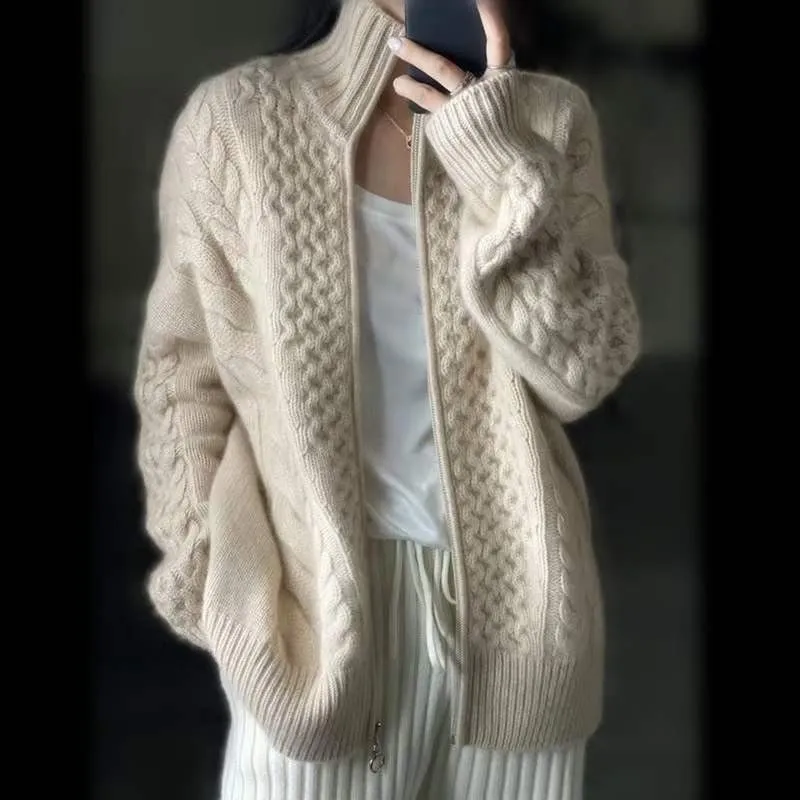 Fashionkova  Autumn And Winter New Thick Turtleneck Cashmere Knitted Cardigan Women's Loose Wool Sweater Cardigan Larg Size Female Jacket Top