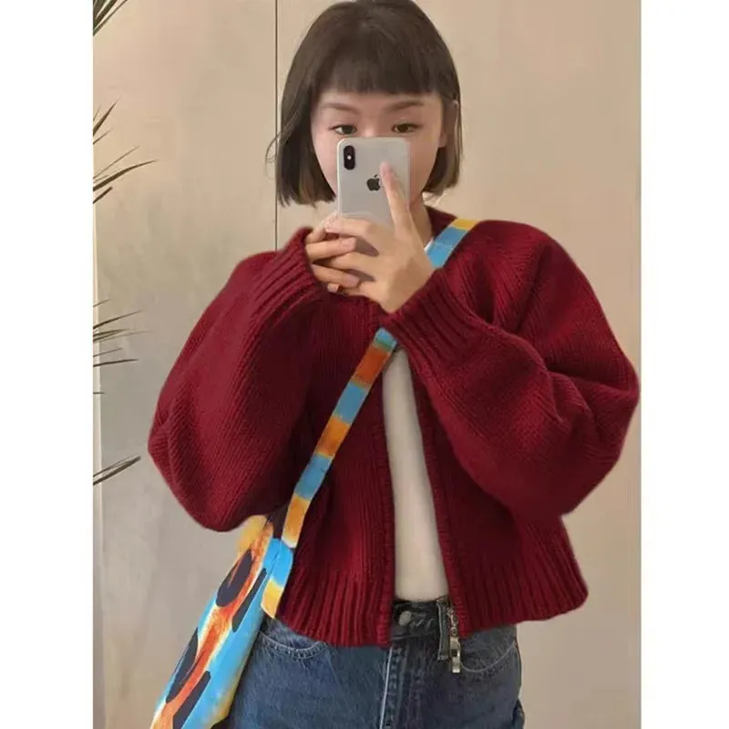 Fashionkova Korean Women Knitted Sweater Autumn Winter Chic Loose Long Sleeve Cardigan Tops Simple Solid Color Sweater Jacket