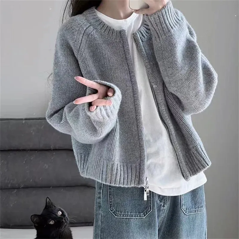 Fashionkova Korean Women Knitted Sweater Autumn Winter Chic Loose Long Sleeve Cardigan Tops Simple Solid Color Sweater Jacket