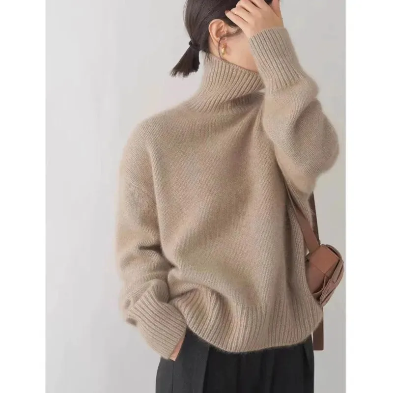 Flytonn-2024 Autumn and Winter New Thick Cashmere Sweater Women High Neck Pullover Sweater Warm Loose Knitted Base Sweater Jacket Tops