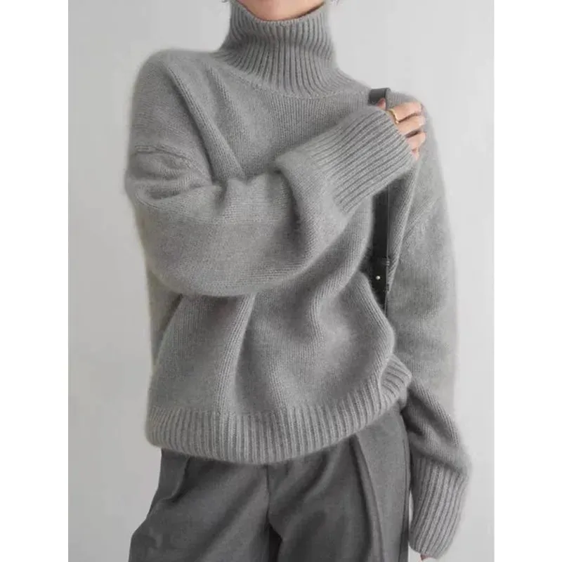 Flytonn-2024 Autumn and Winter New Thick Cashmere Sweater Women High Neck Pullover Sweater Warm Loose Knitted Base Sweater Jacket Tops