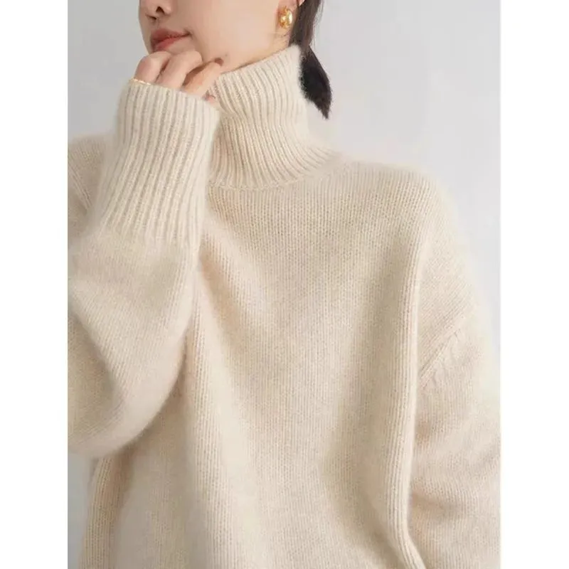 Flytonn-2024 Autumn and Winter New Thick Cashmere Sweater Women High Neck Pullover Sweater Warm Loose Knitted Base Sweater Jacket Tops