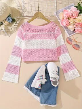 Girls Stylish & Comfy Long Bell Bottom Sleeve Color Block Knit Sweater For Spring & Fall