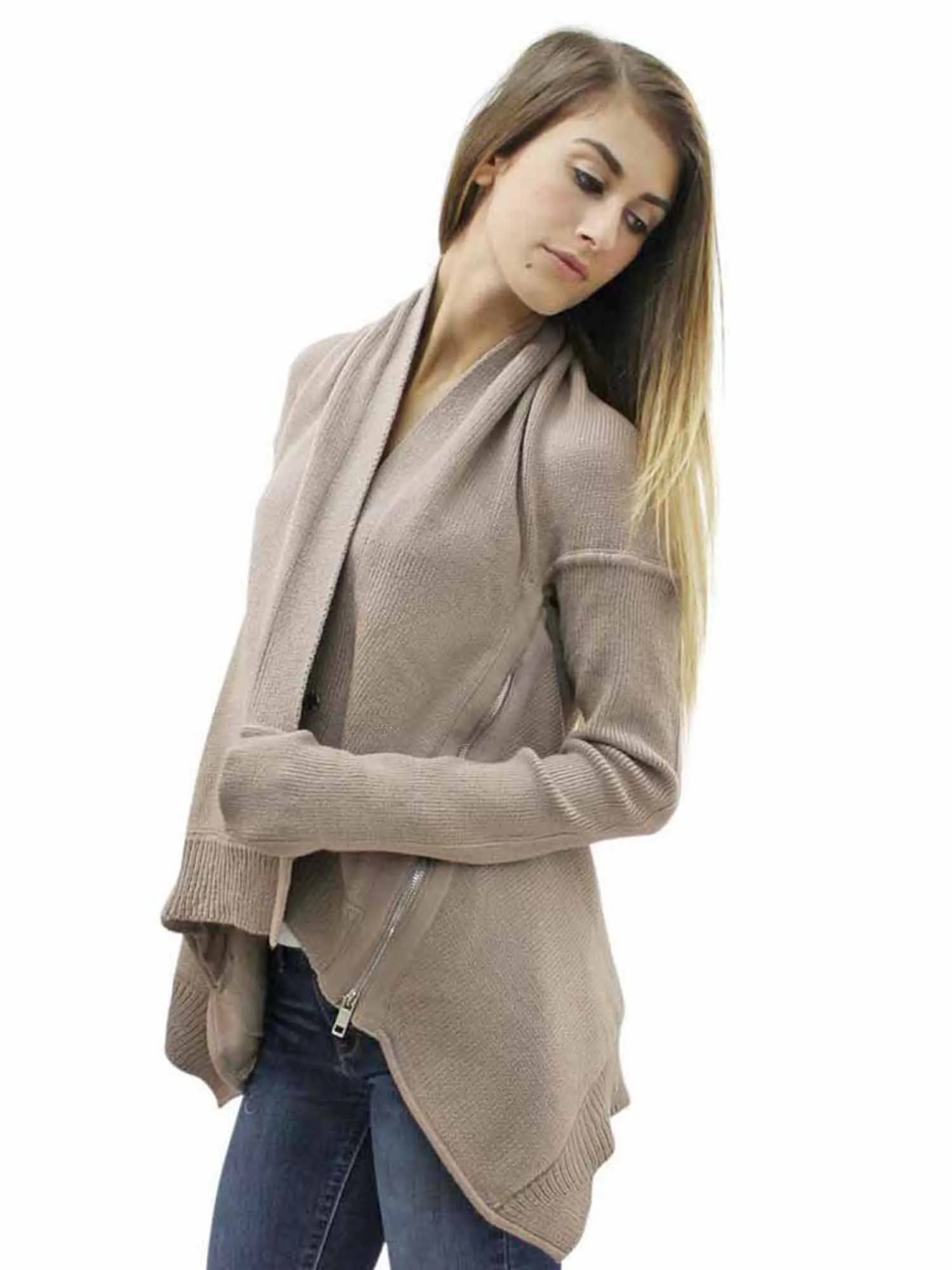 Gray Thick Knit Cardigan With Zipper Detail