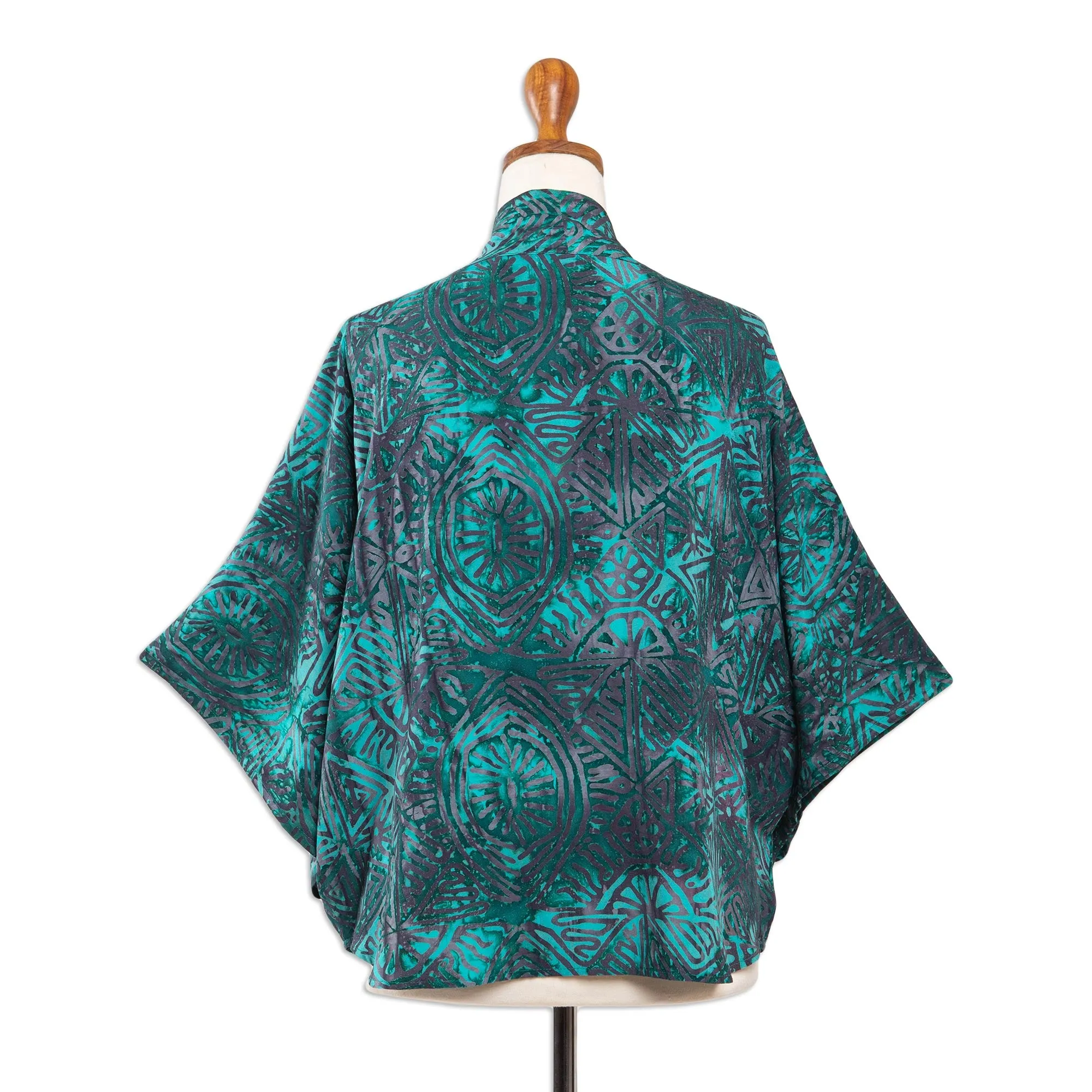 Handmade Batik Rayon Kimono Jacket - Emerald Ocean | NOVICA