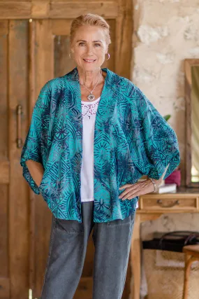 Handmade Batik Rayon Kimono Jacket - Emerald Ocean | NOVICA