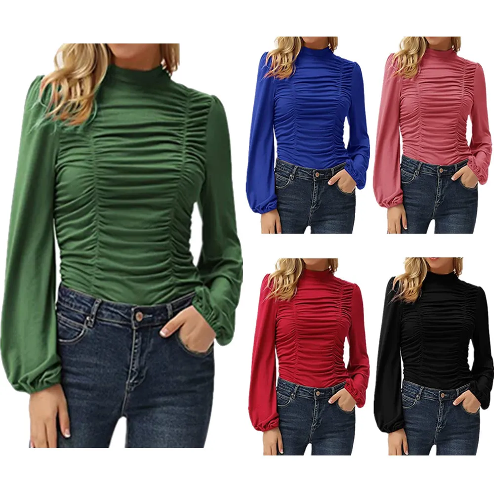 Haute Edition Women's Puff Sleeve Ruched Fitted Turtleneck Top