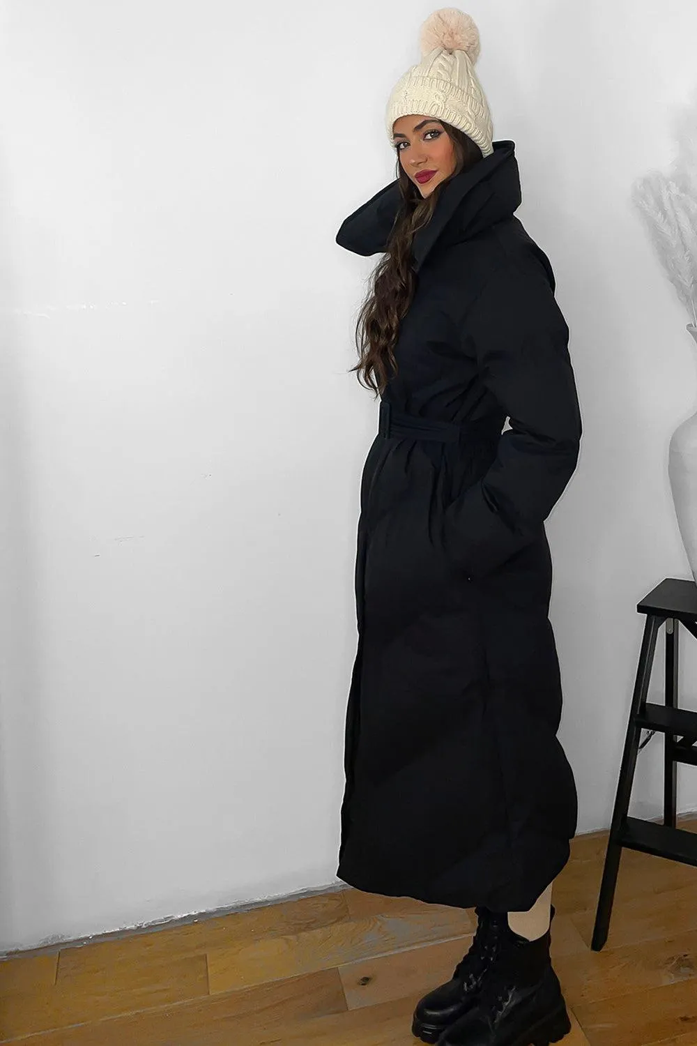 High Neck Belted Padded Long Puffer Coat