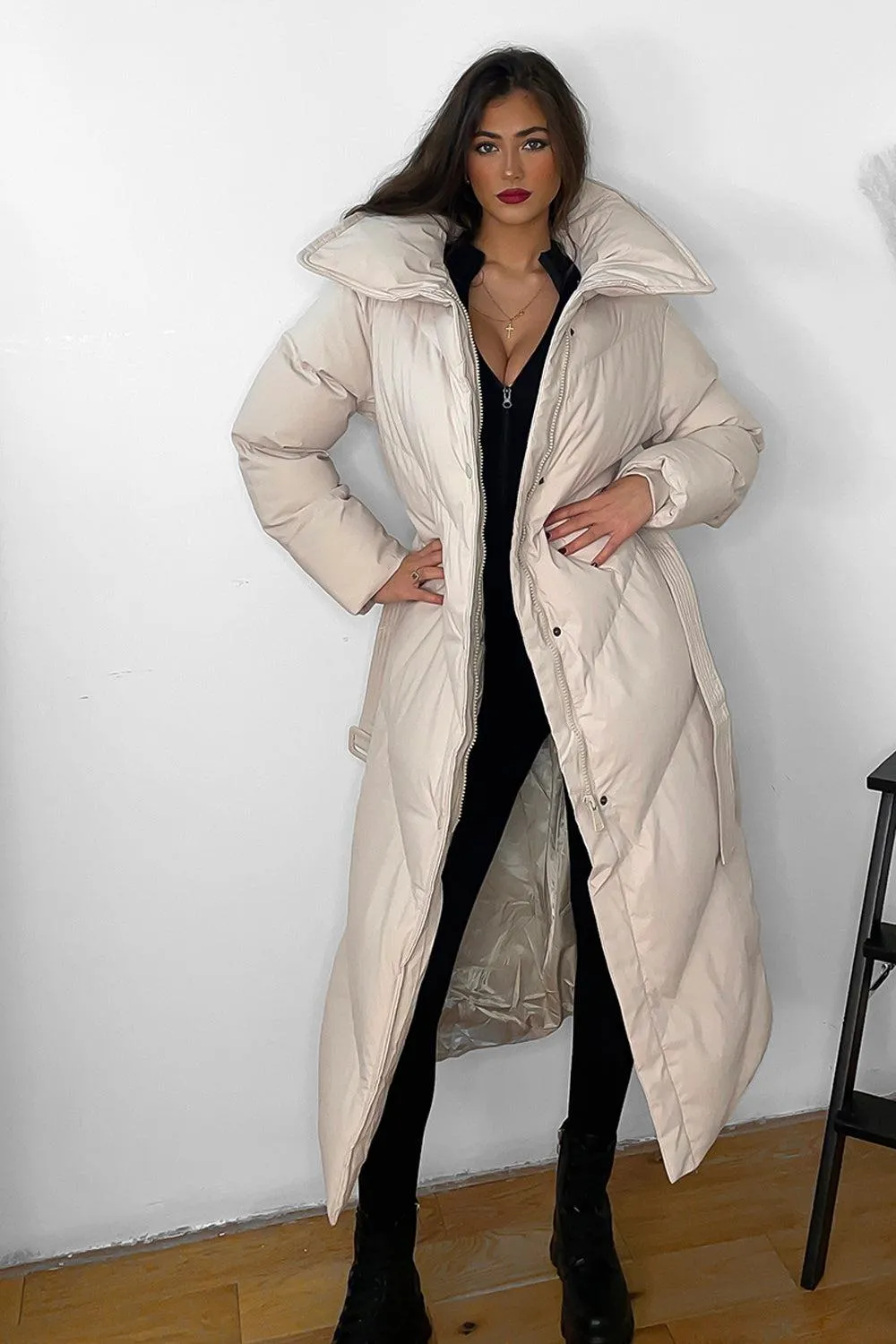 High Neck Belted Padded Long Puffer Coat