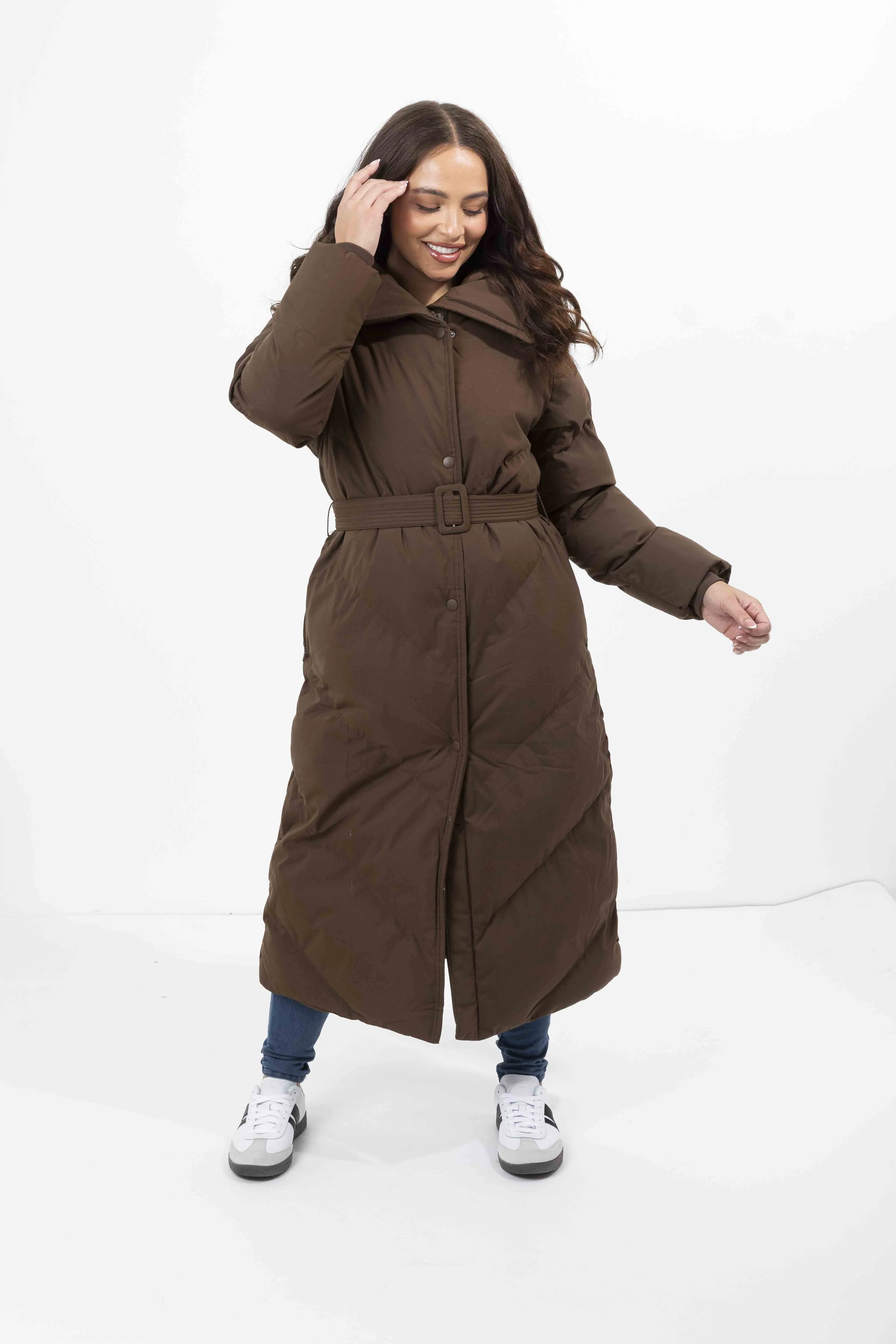 High Neck Belted Padded Long Puffer Coat