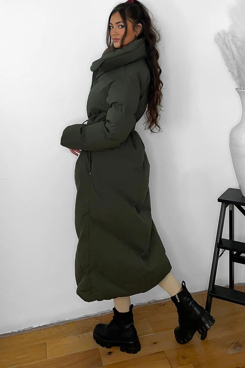 High Neck Belted Padded Long Puffer Coat