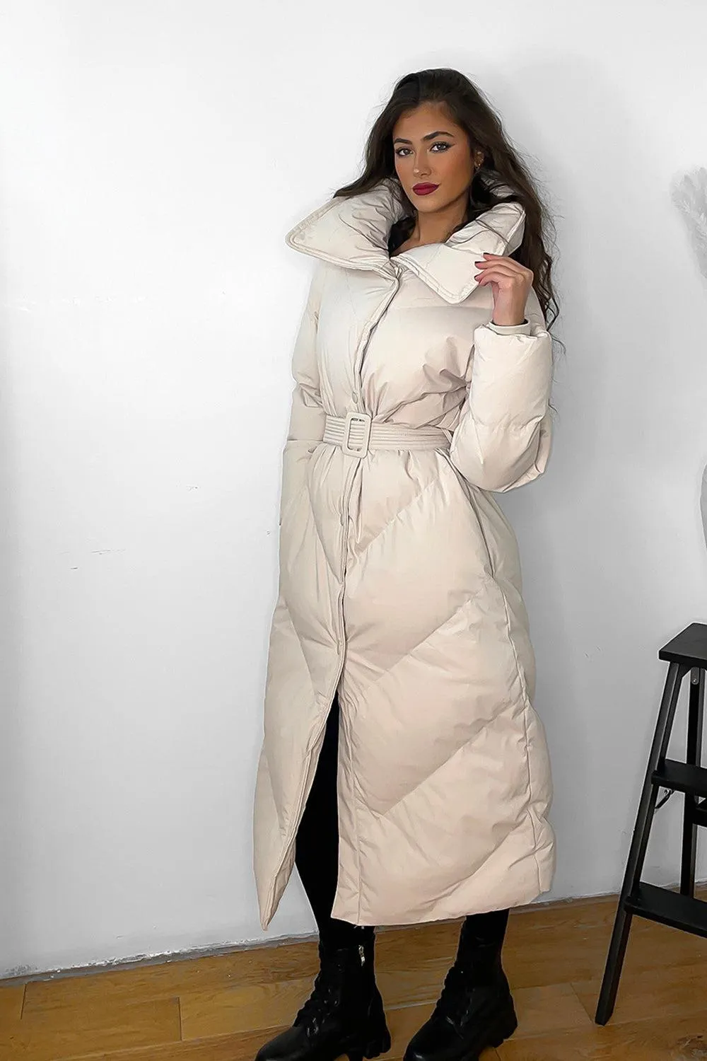 High Neck Belted Padded Long Puffer Coat