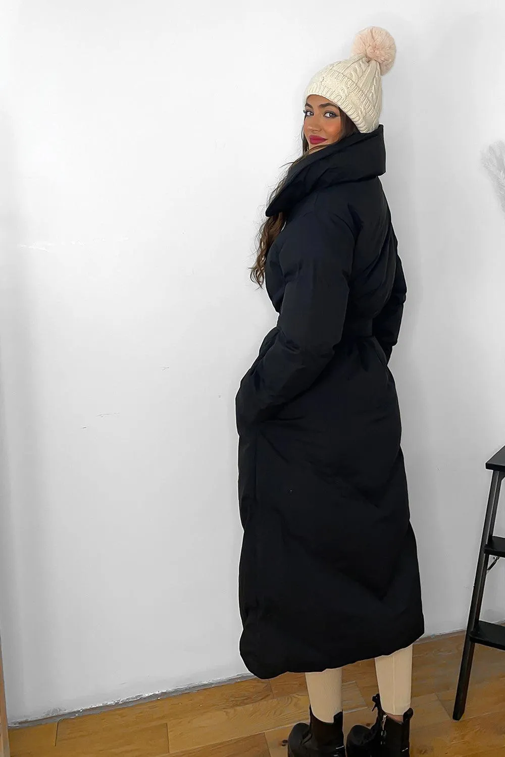 High Neck Belted Padded Long Puffer Coat