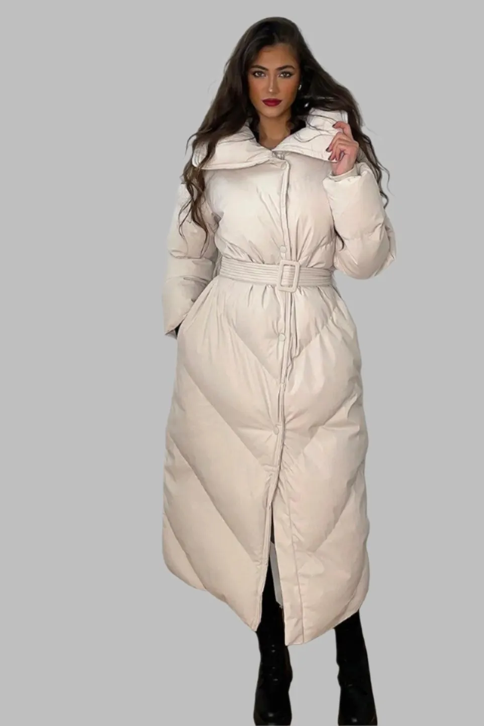 High Neck Belted Padded Long Puffer Coat