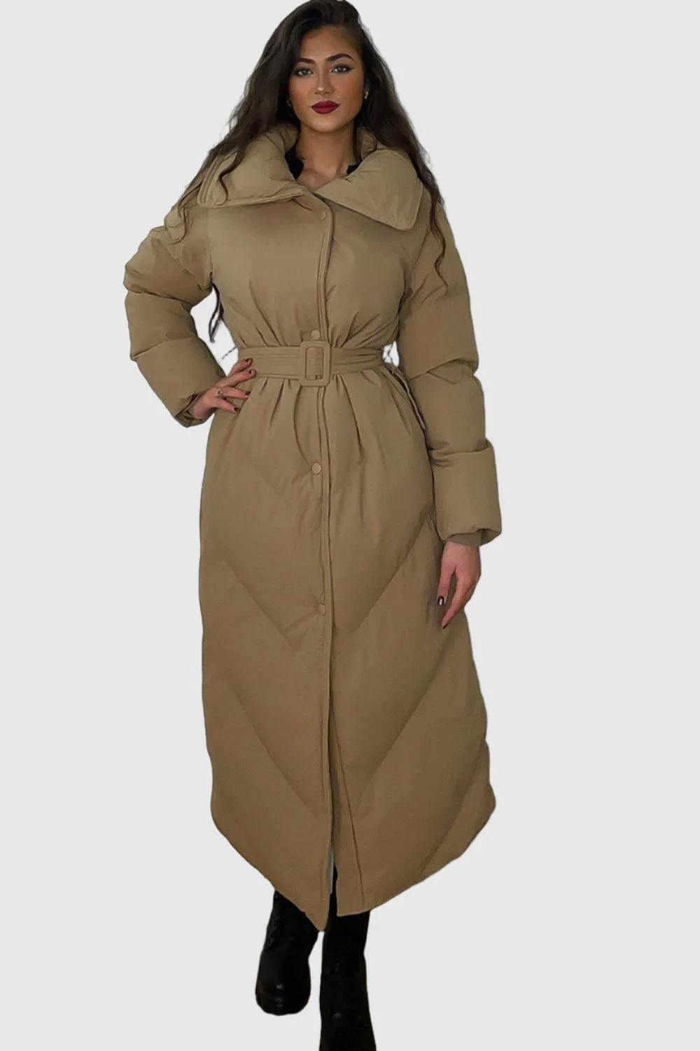 High Neck Belted Padded Long Puffer Coat