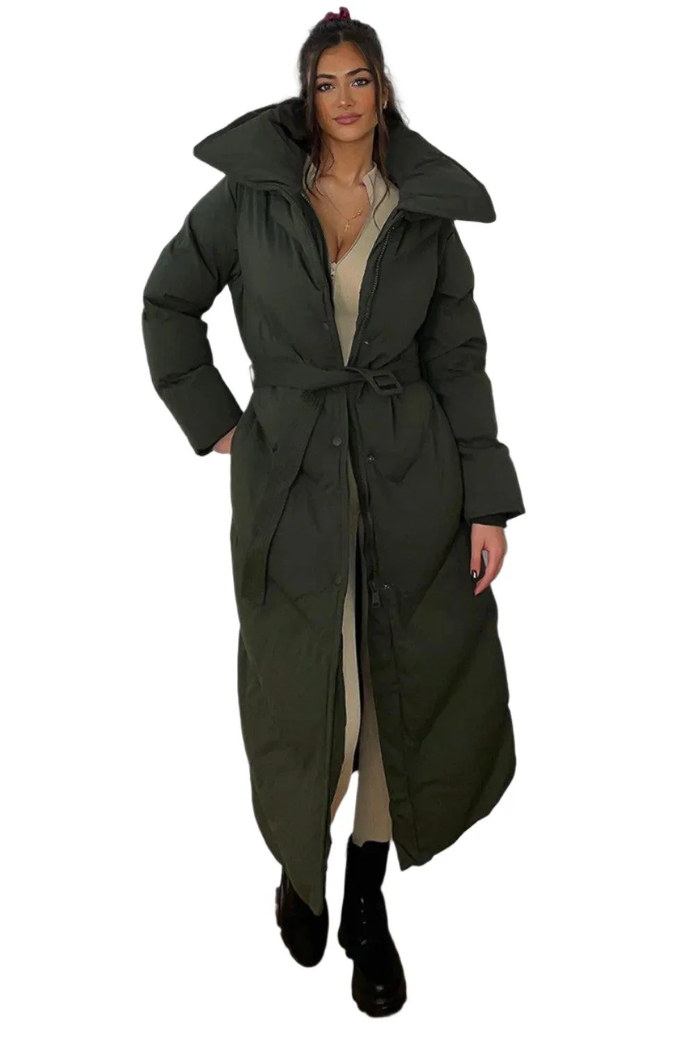 High Neck Belted Padded Long Puffer Coat