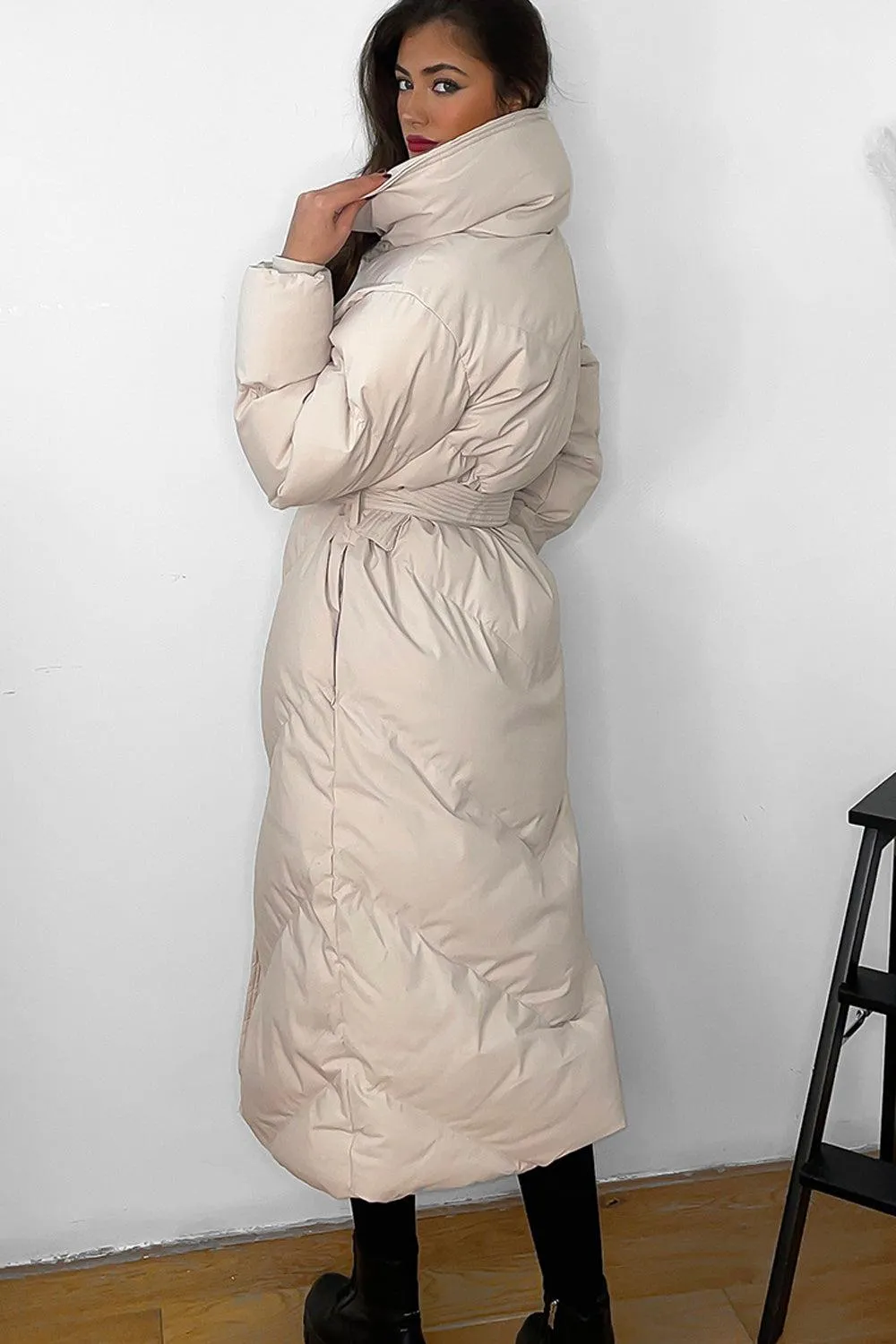 High Neck Belted Padded Long Puffer Coat