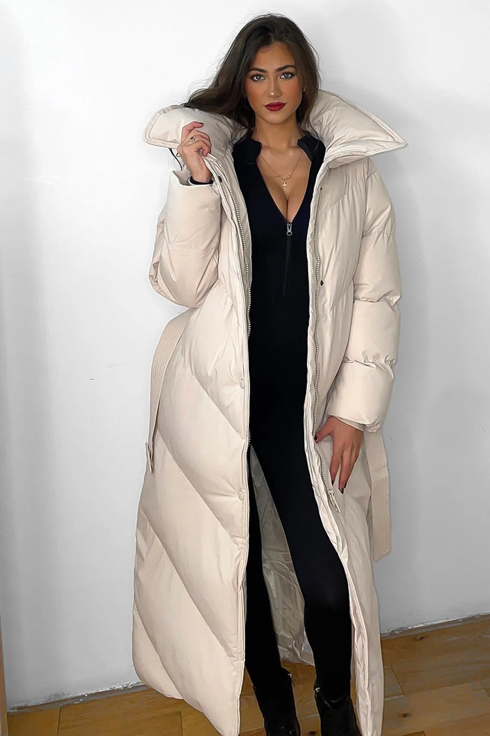 High Neck Belted Padded Long Puffer Coat