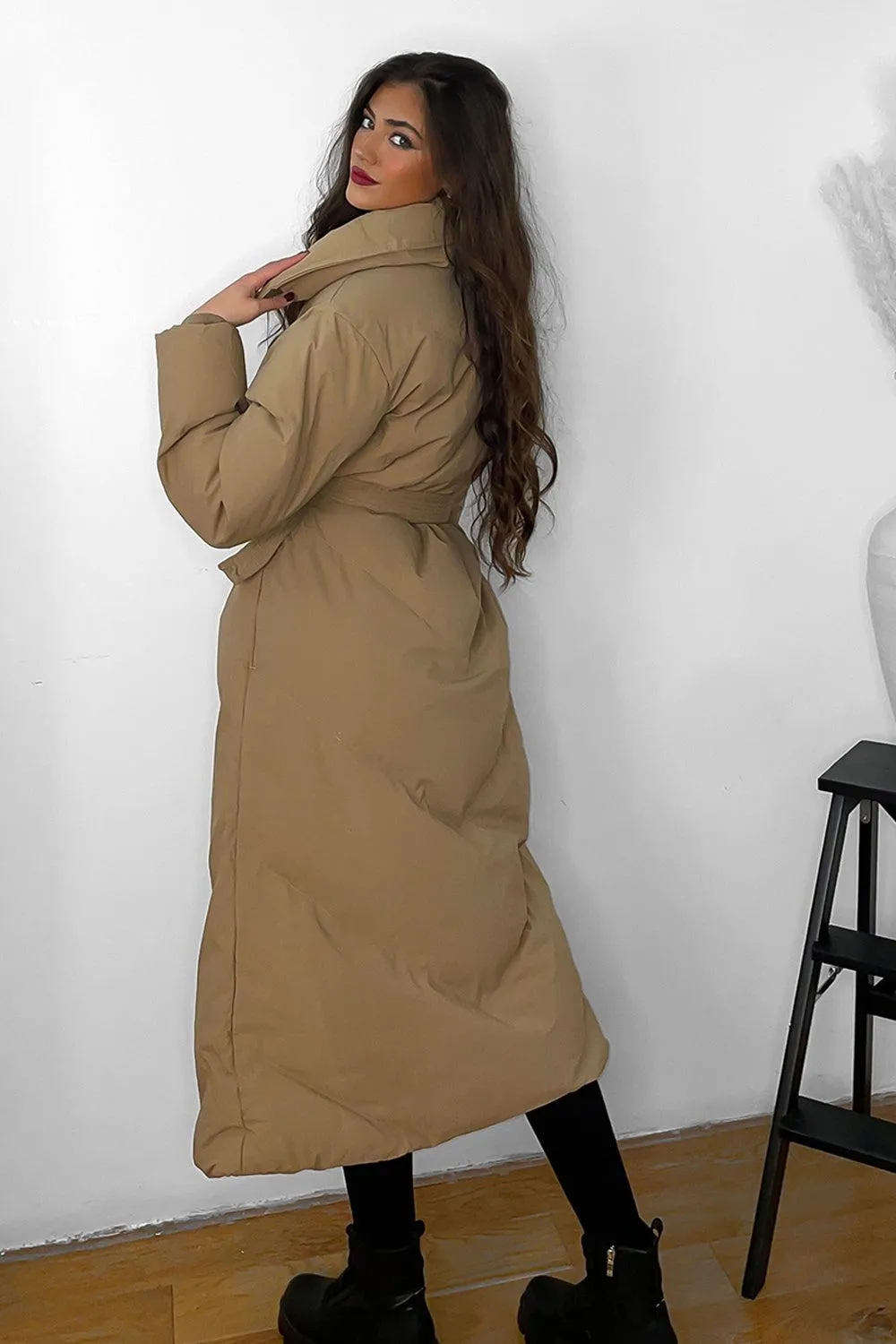 High Neck Belted Padded Long Puffer Coat