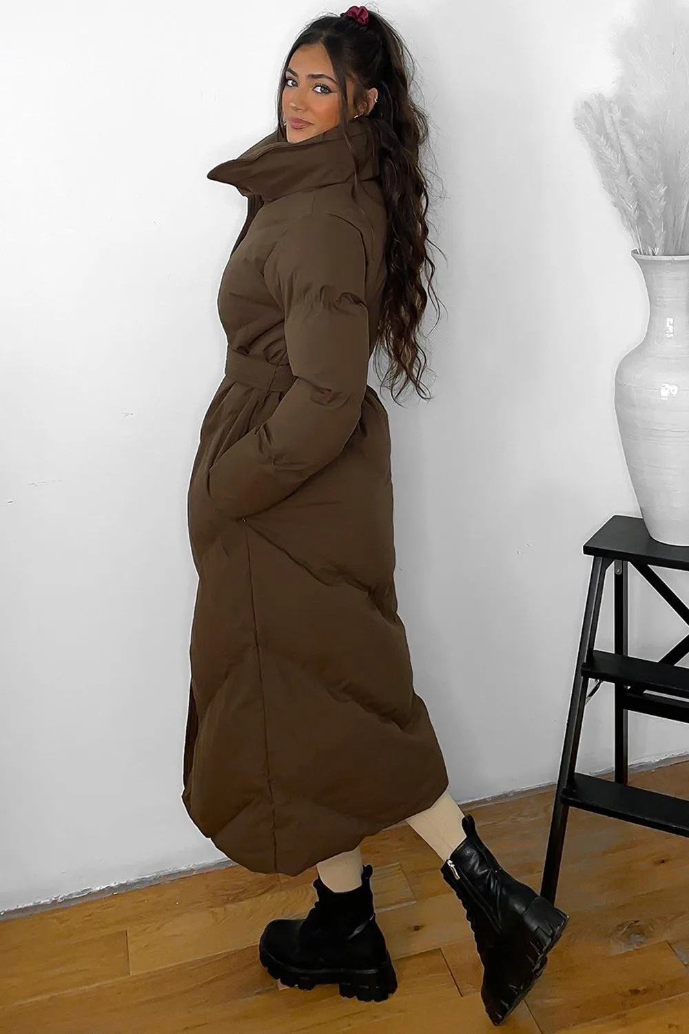 High Neck Belted Padded Long Puffer Coat