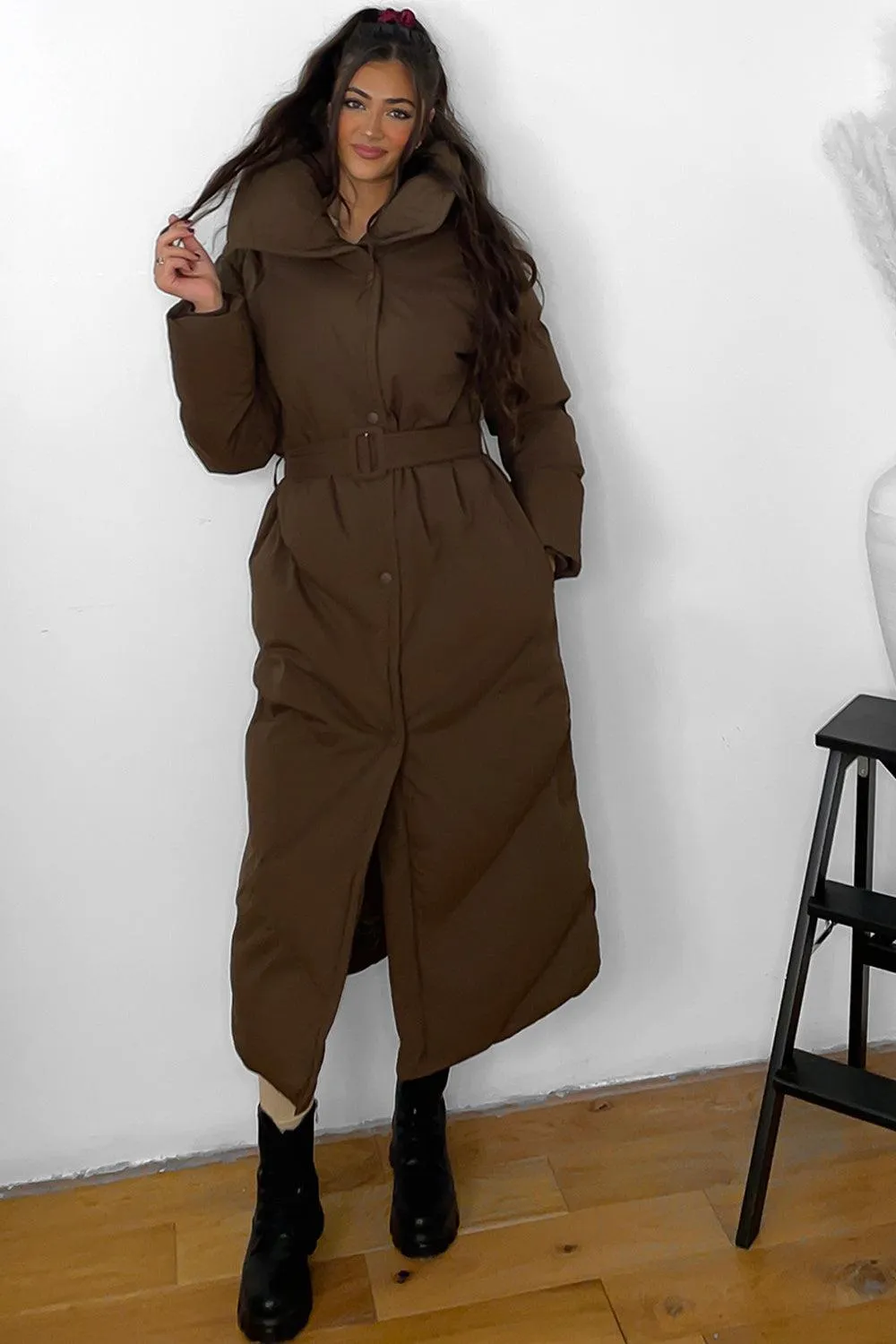 High Neck Belted Padded Long Puffer Coat