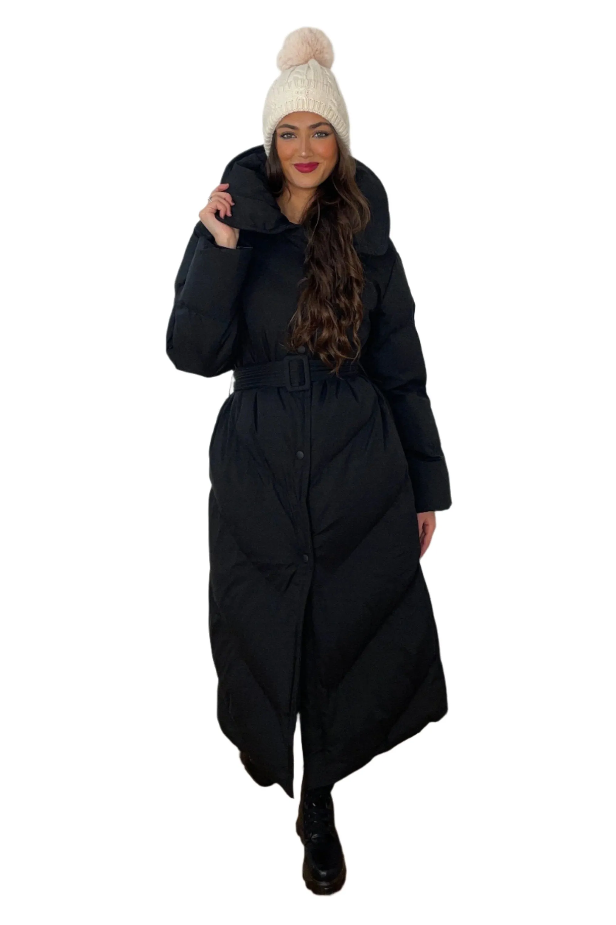 High Neck Belted Padded Long Puffer Coat