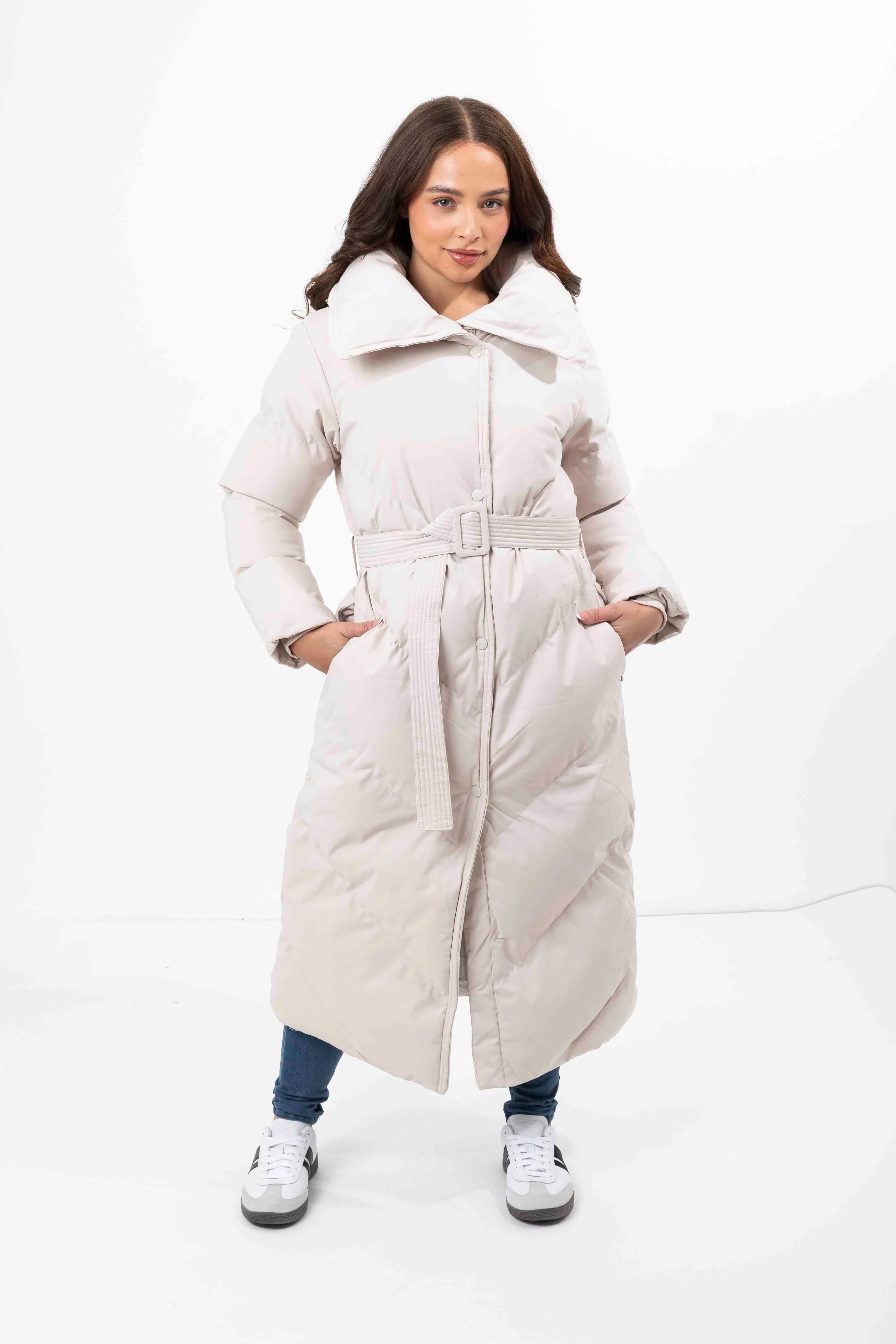 High Neck Belted Padded Long Puffer Coat