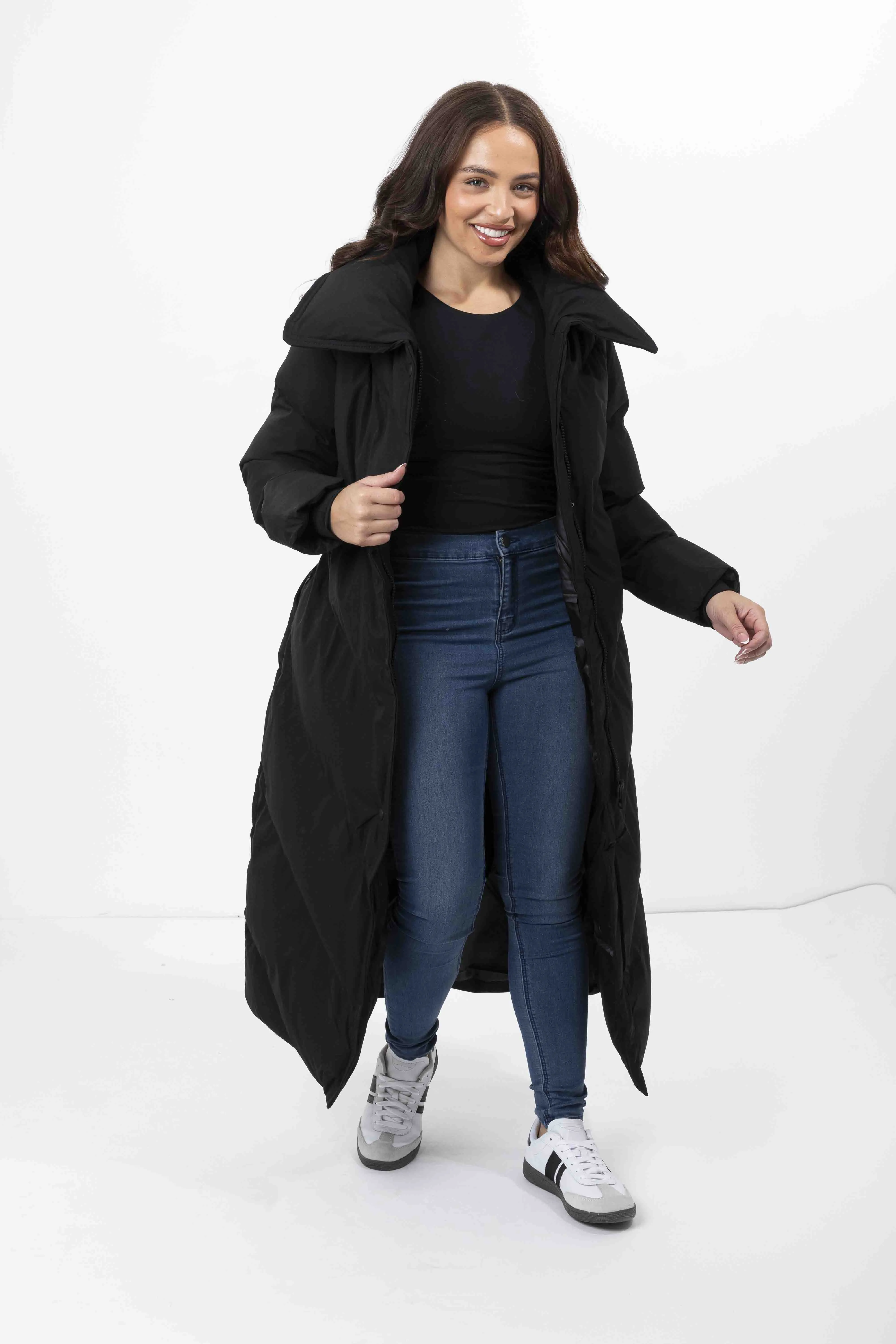 High Neck Belted Padded Long Puffer Coat