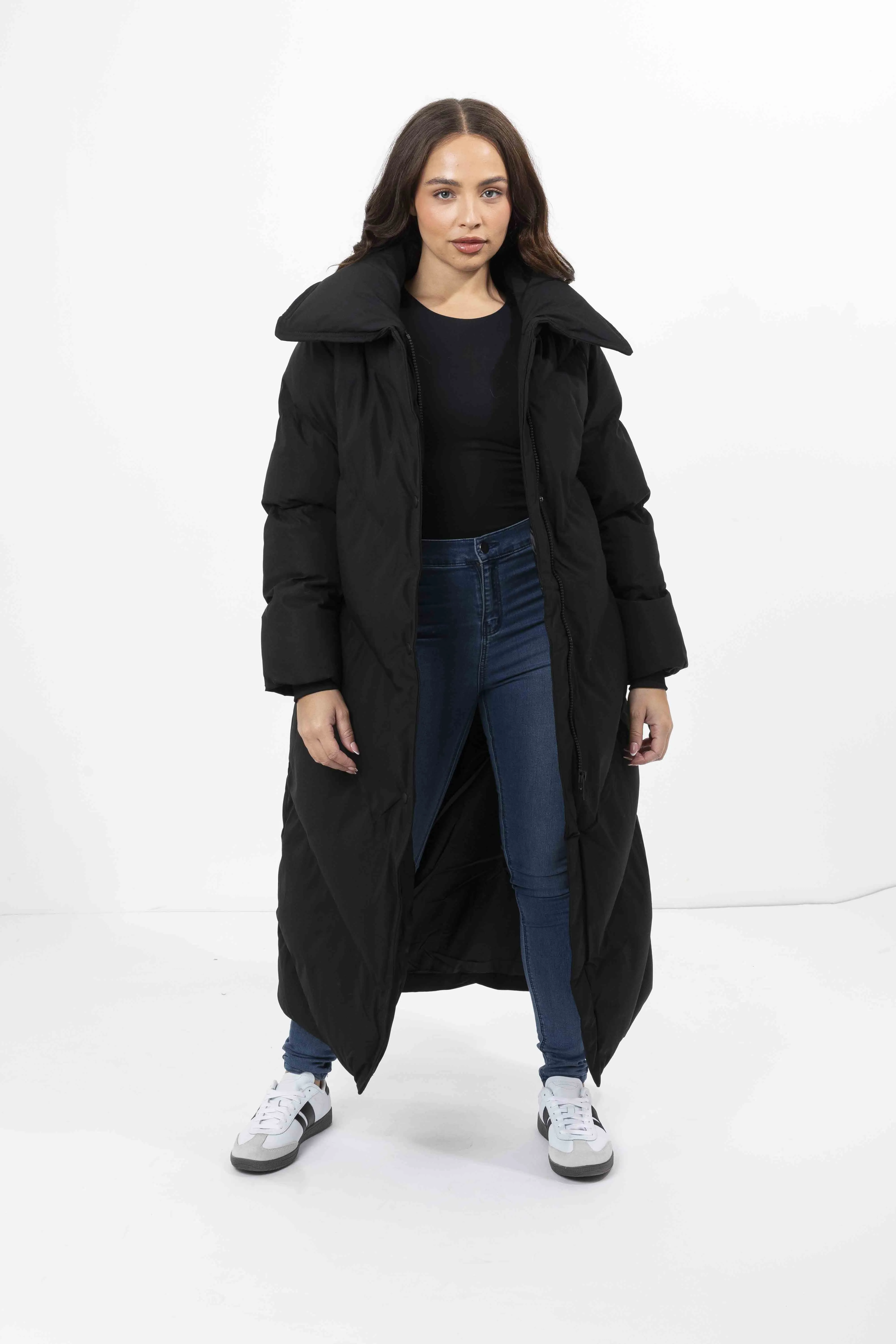 High Neck Belted Padded Long Puffer Coat