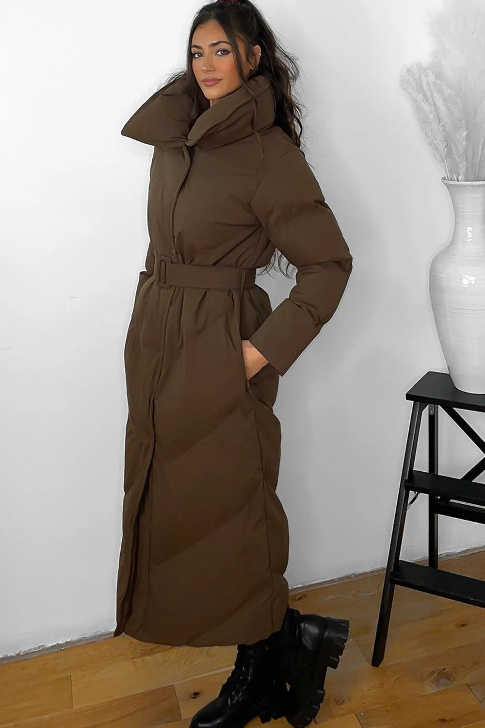 High Neck Belted Padded Long Puffer Coat