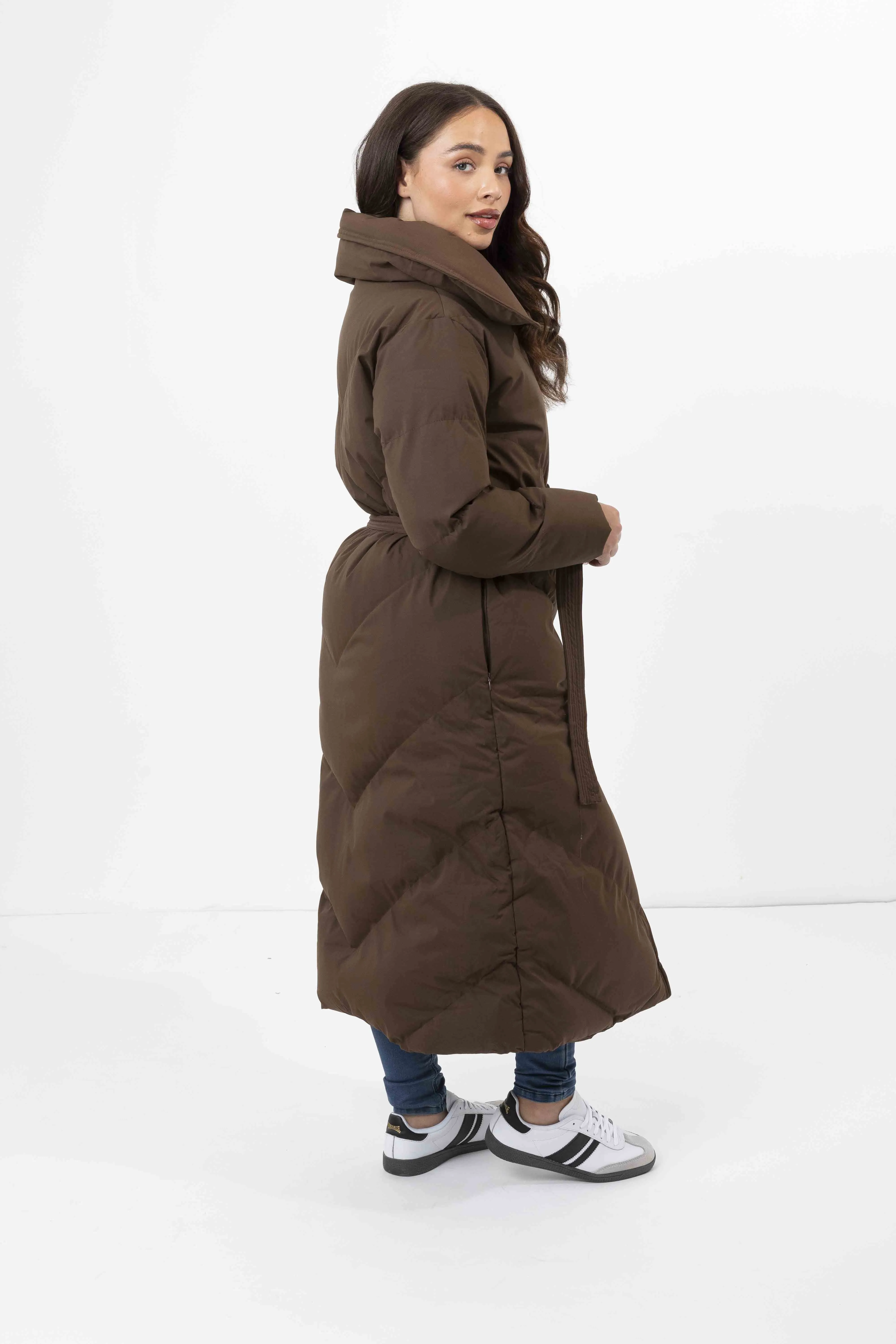 High Neck Belted Padded Long Puffer Coat