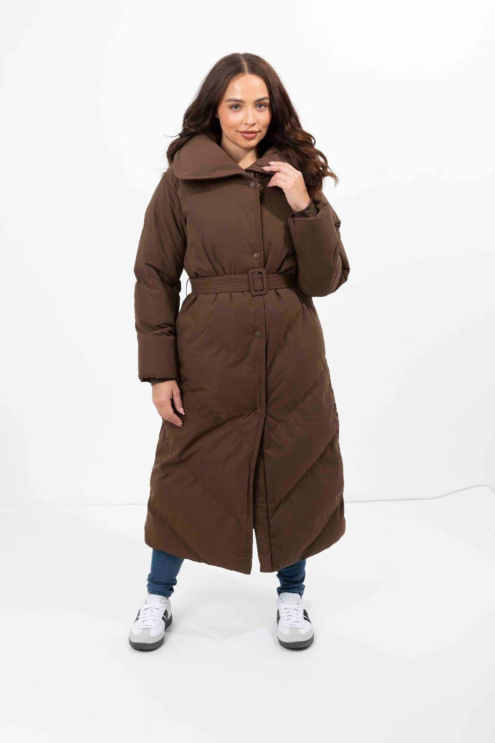 High Neck Belted Padded Long Puffer Coat