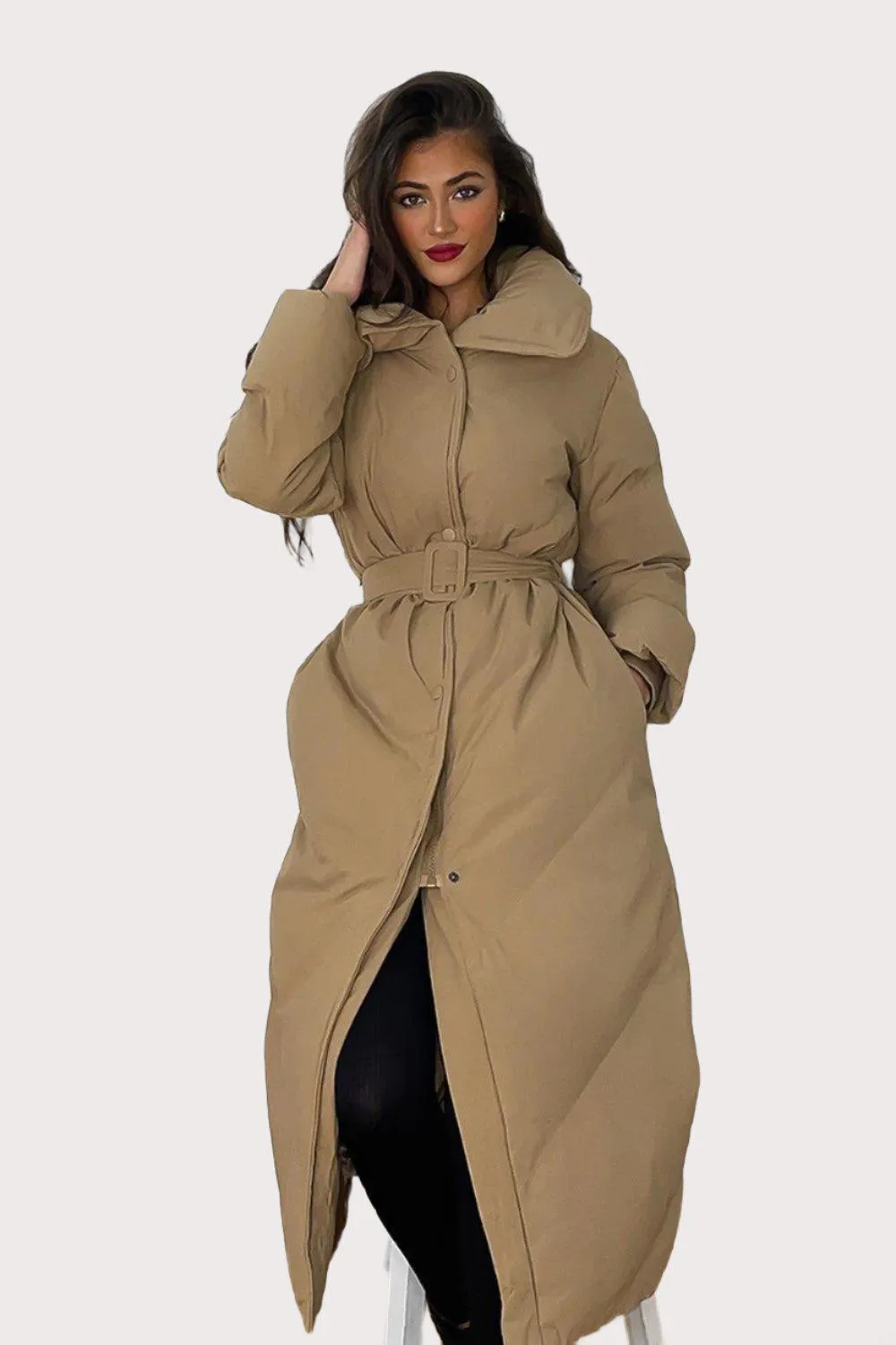 High Neck Belted Padded Long Puffer Coat