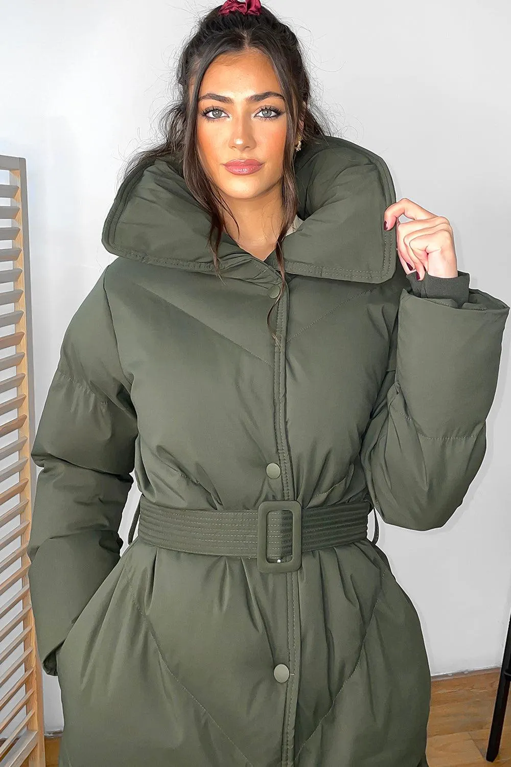 High Neck Belted Padded Long Puffer Coat