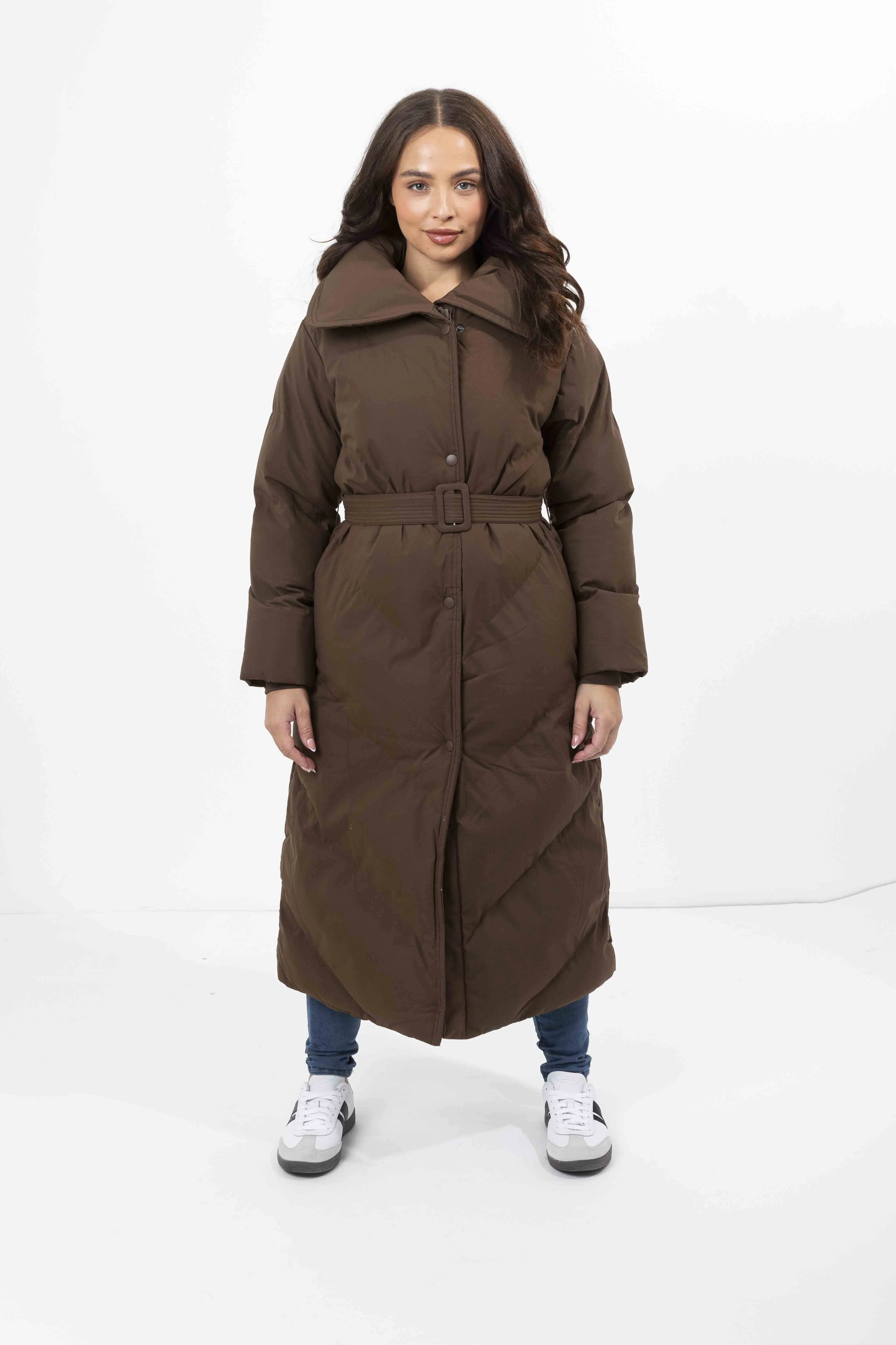 High Neck Belted Padded Long Puffer Coat