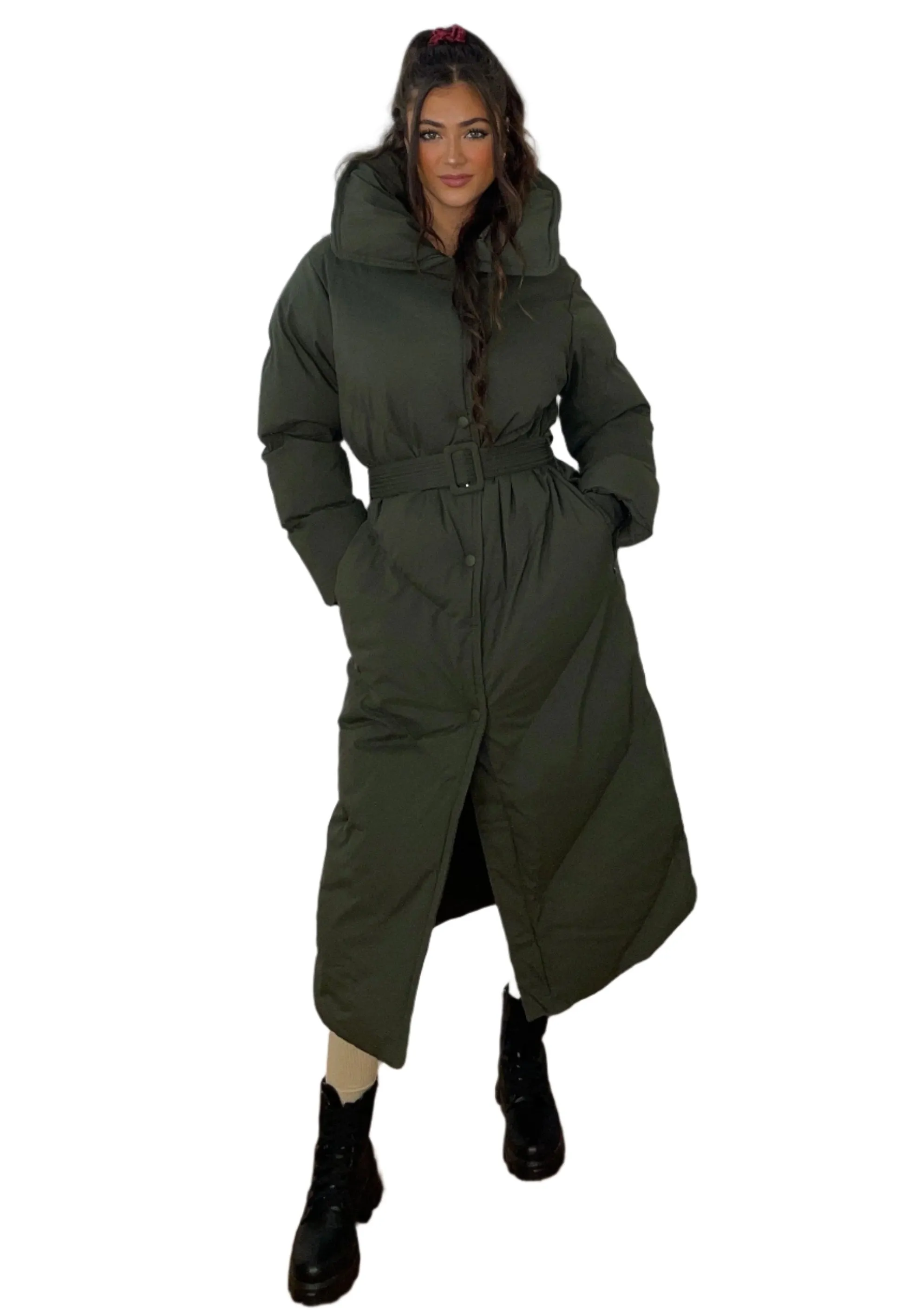 High Neck Belted Padded Long Puffer Coat