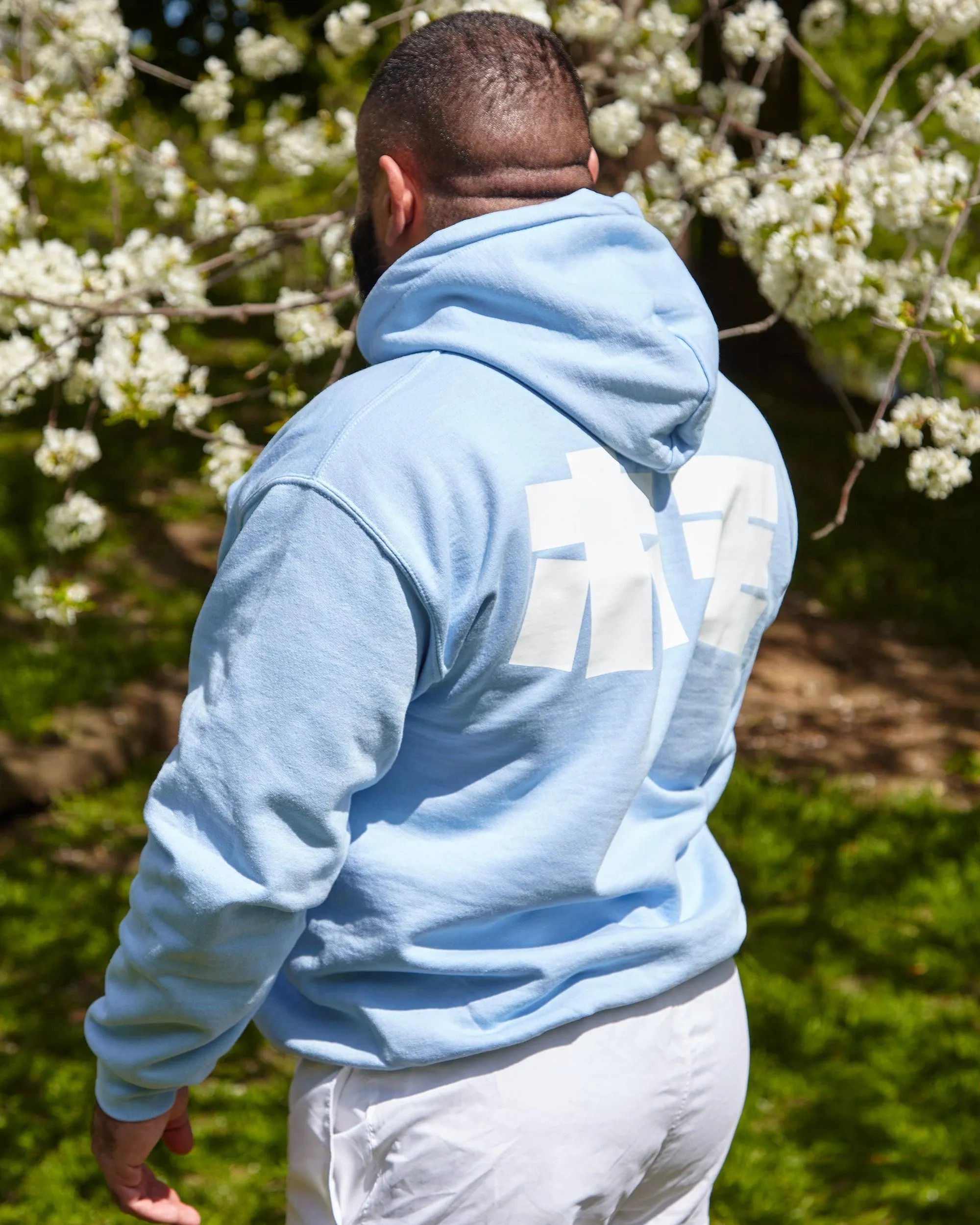 HOMO In Japanese, white on light blue - pullover hoodie.