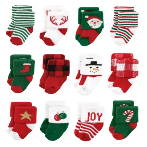 Hudson Baby Cotton Rich Newborn and Terry Socks, 12 Days Of Christmas Santa