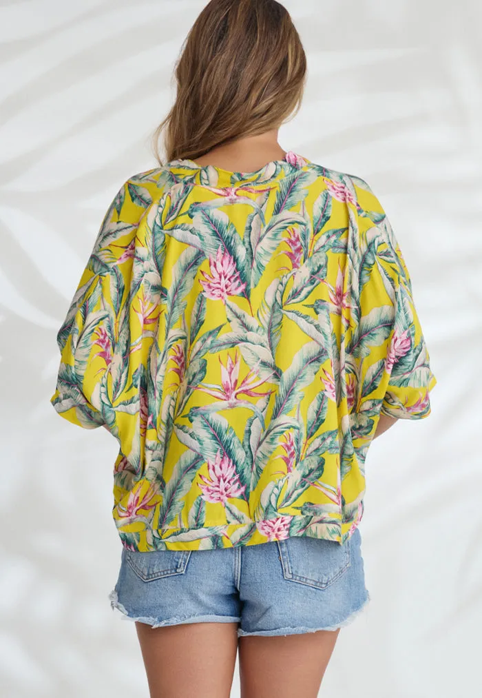 Indii Breeze Crop Kimono - Birds of Feather Yellow