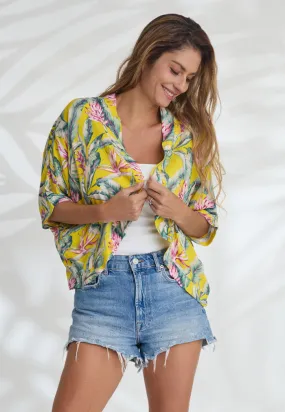 Indii Breeze Crop Kimono - Birds of Feather Yellow