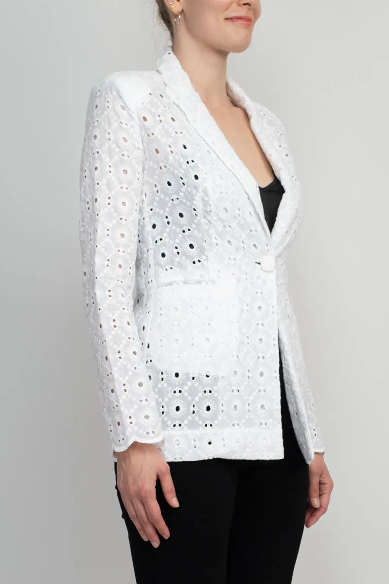 Industry Lapel Collar Long Sleeve One Button Closure Eyelet Lace Blazer