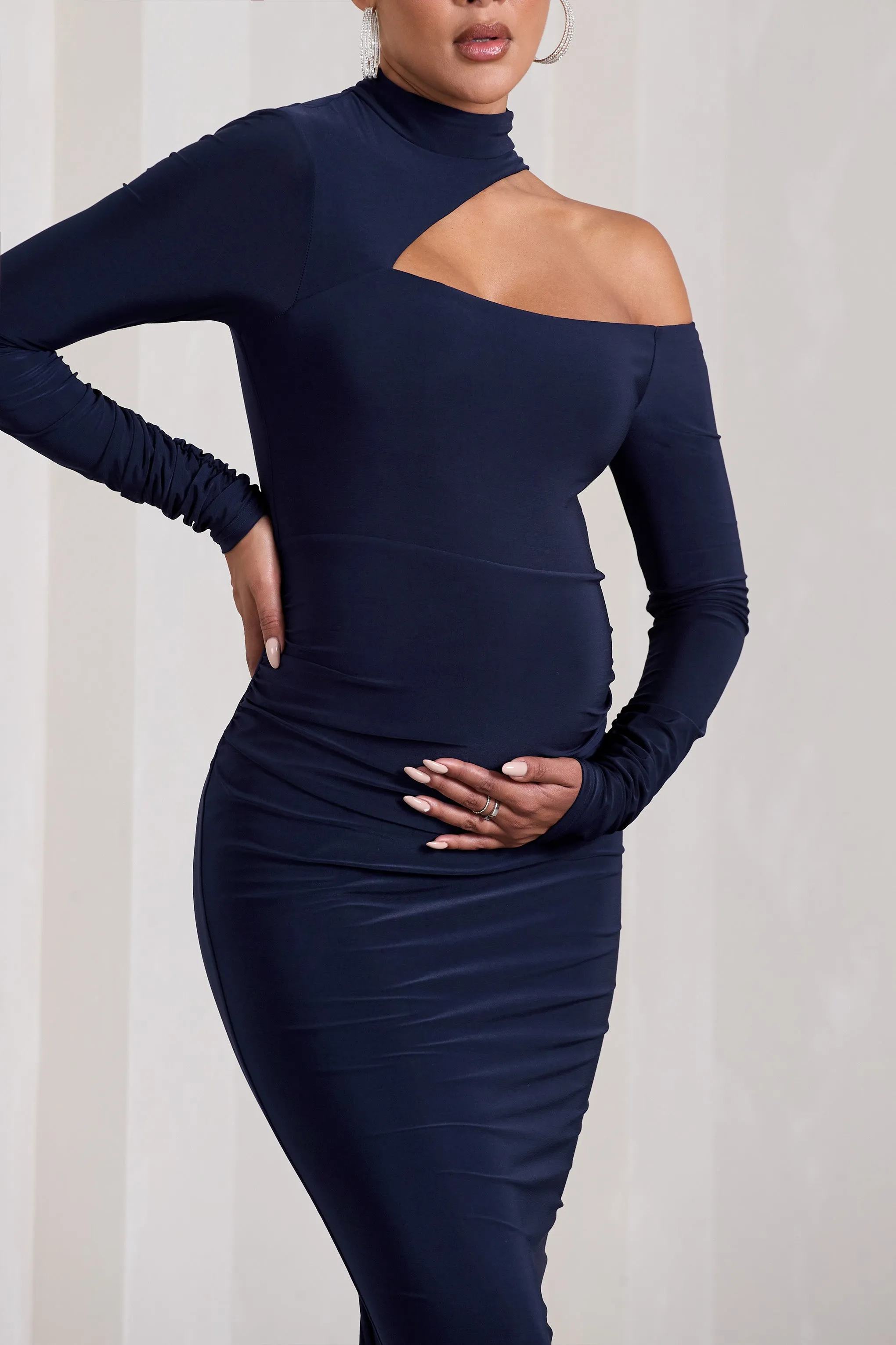 Just Dream | Navy Asymmetric High-Neck Cut-Out Maternity Midi Dress