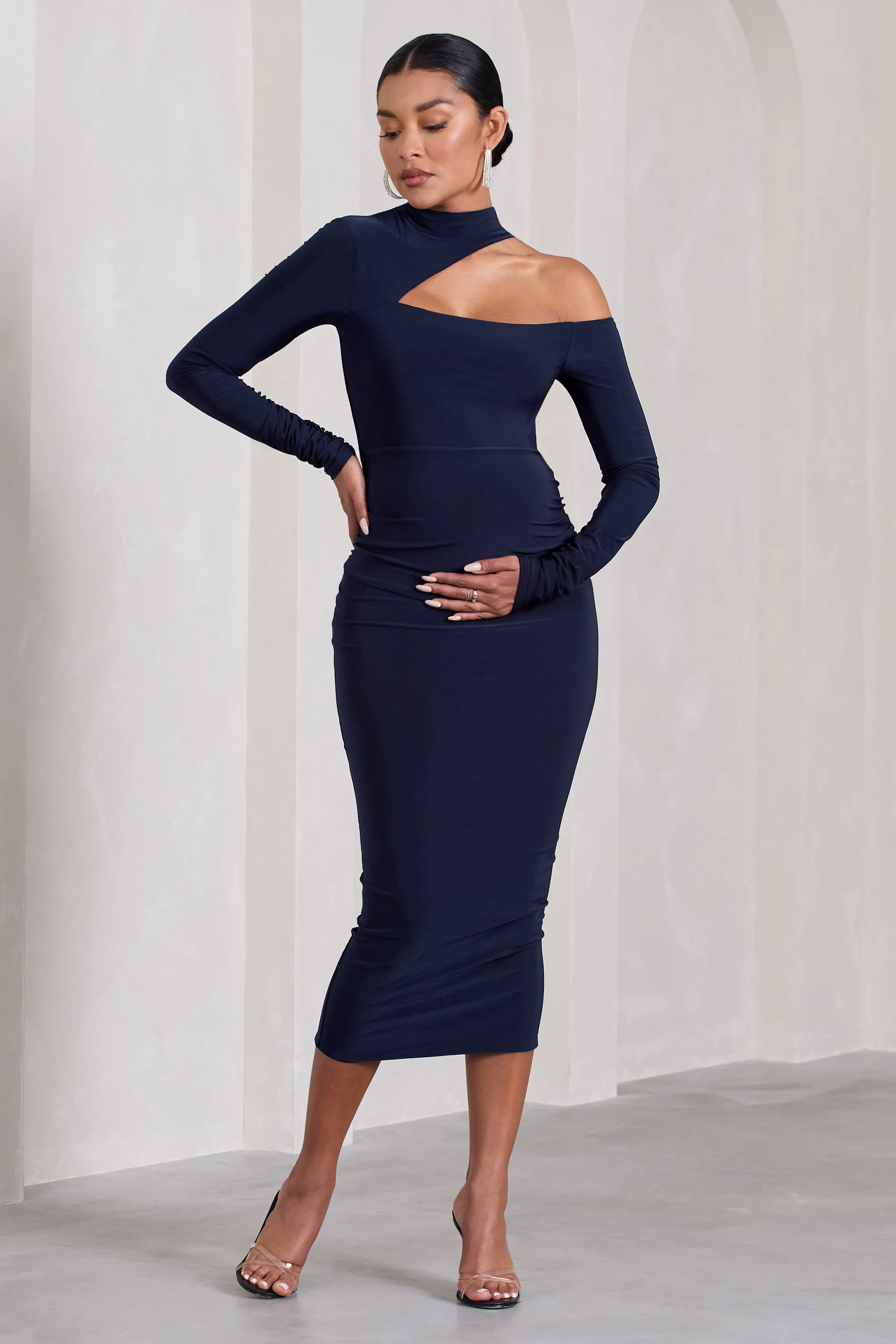 Just Dream | Navy Asymmetric High-Neck Cut-Out Maternity Midi Dress