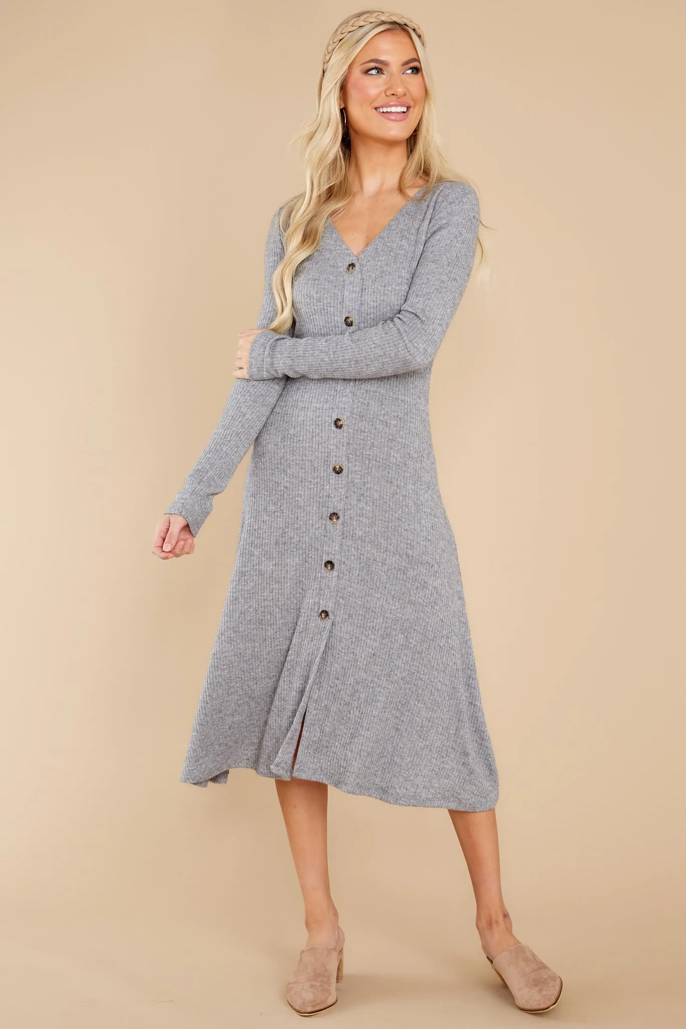 Keep It Uptown Heather Grey Knit Midi Dress