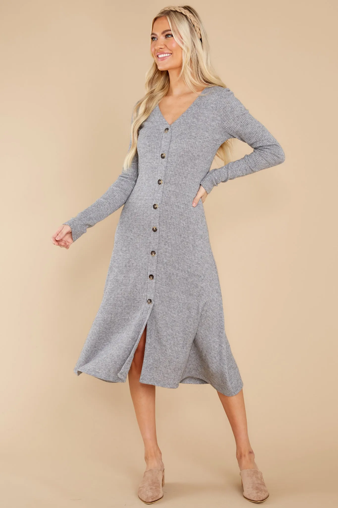 Keep It Uptown Heather Grey Knit Midi Dress