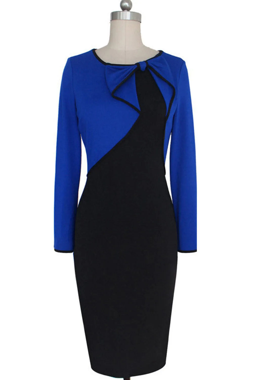 Ketty More Women Slim Bodycon Long Sleeves Dress Decorated with Bow Black Blue-KMWD293