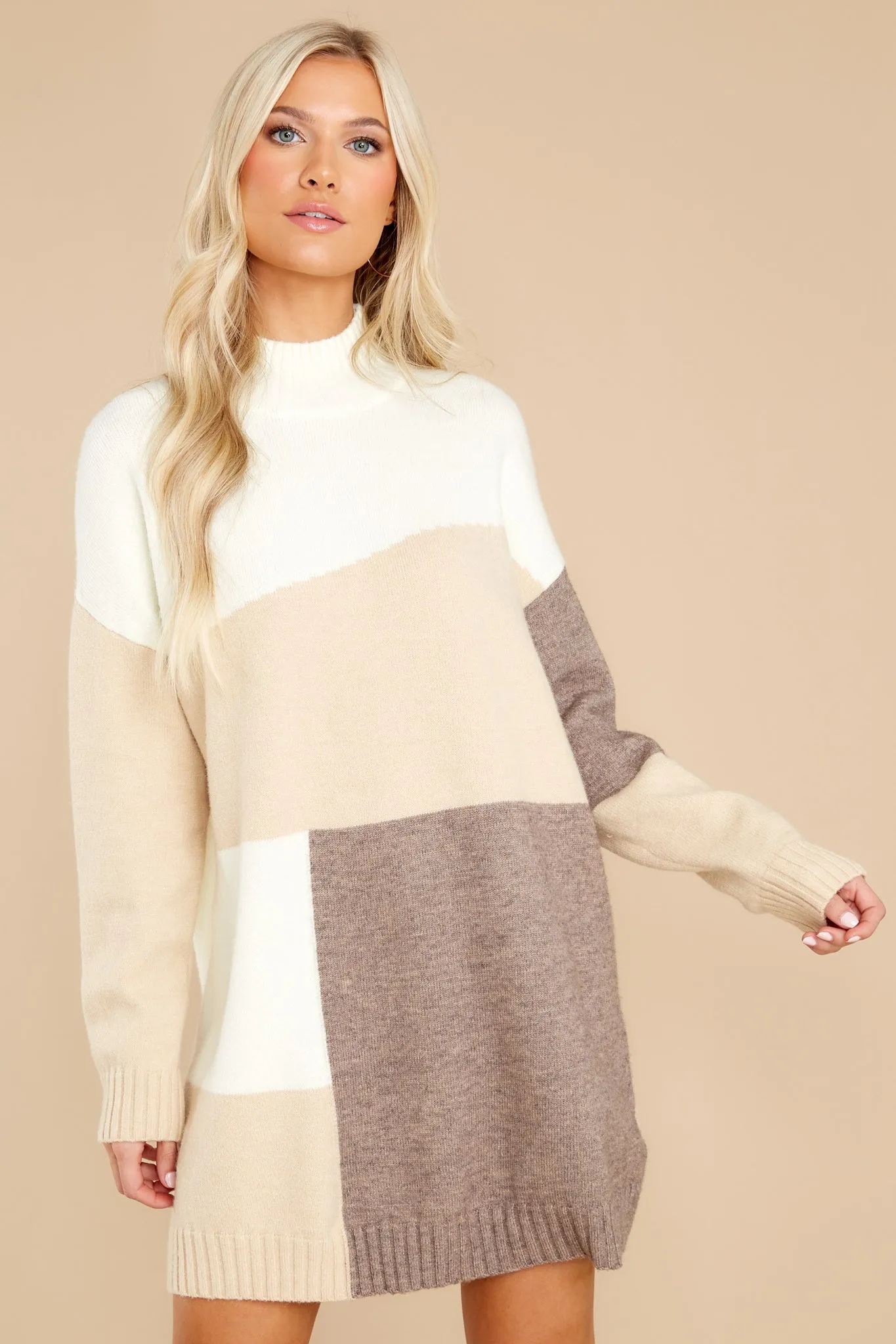 Key To Comfort Beige Colorblock Sweater Dress