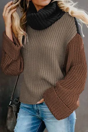 Khaki Color Block Warm Turtleneck Pullover Knit Sweater